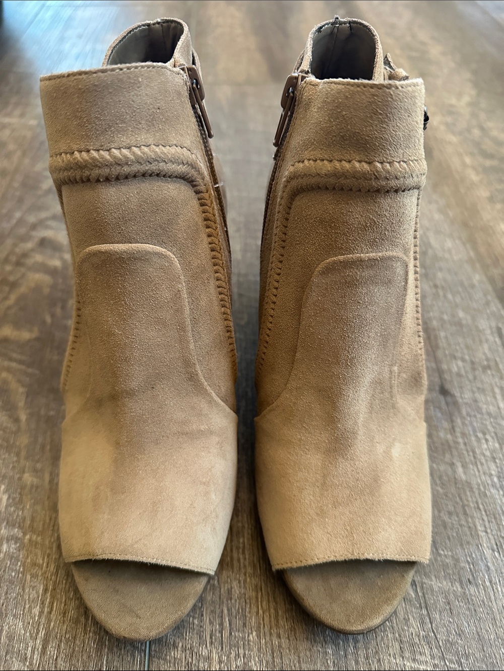 Vince Camuto Taupe Suede Peep-Toe Mules